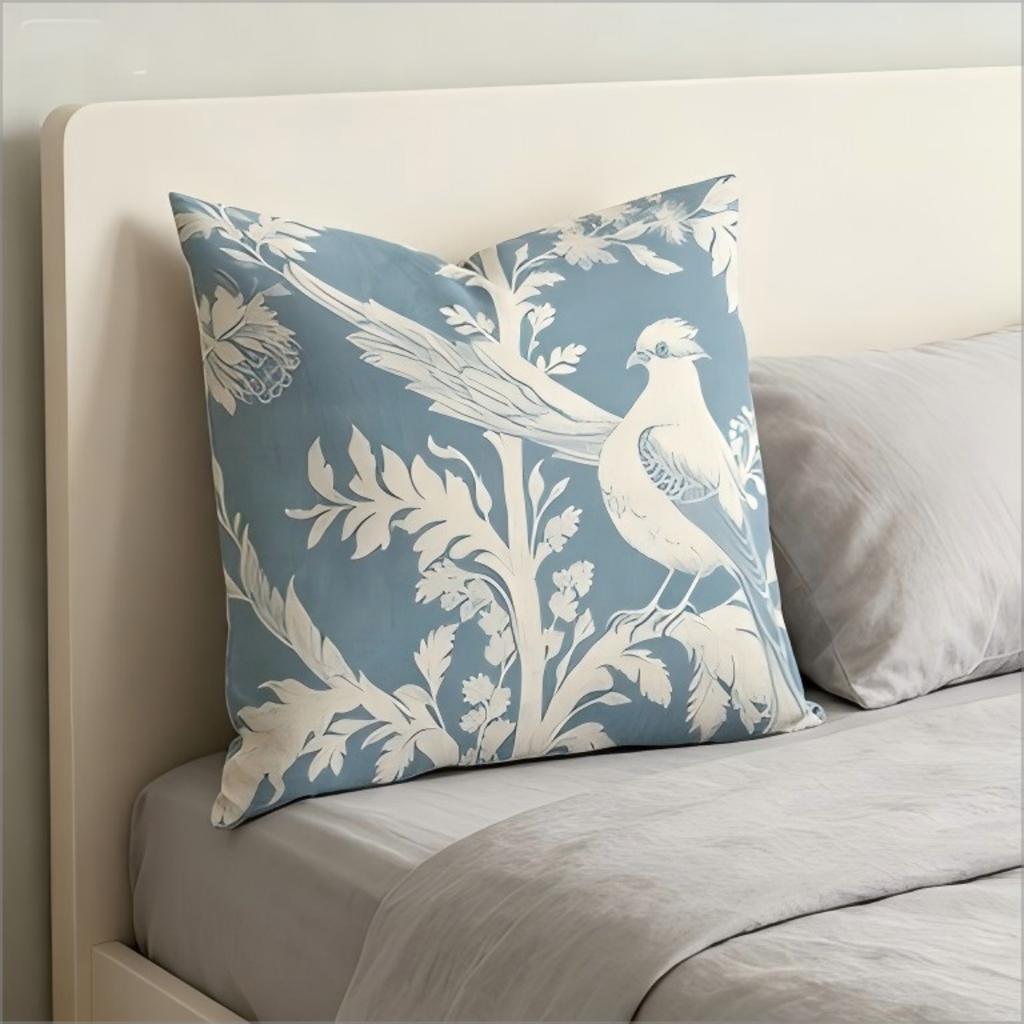 Double Sided Blue Toile De Jouy Bird Throw Pillow Cover Vintage Floral Botanical Print Decorative Cushion Cover For Home Decor