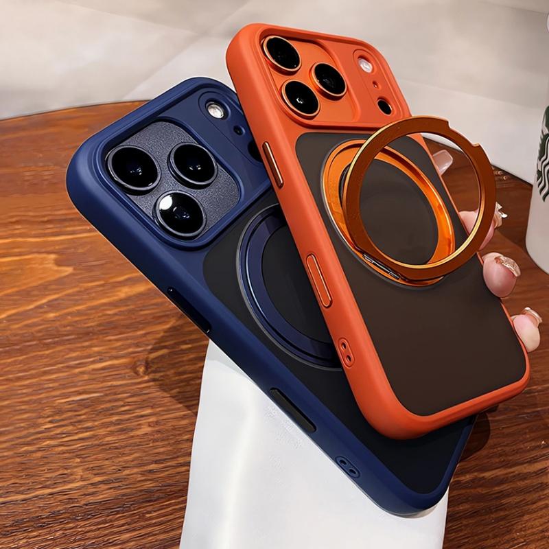 Matte Rotating Bracket Holder Magnetic Phone Case For iPhone 17 16 15 14 13 Pro Max For Magsafe Ring Stand Shockproof Back Cover