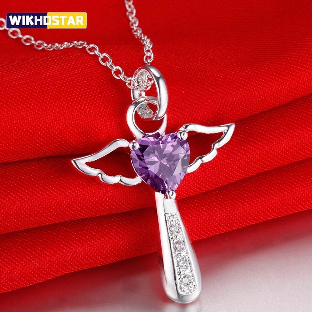 Fine 925 Sterling Silver Angel Noble Crystal Cross Pendants Necklace For Women Luxury Party Wedding Jewelry Christmas Gifts