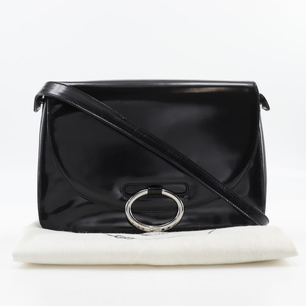 Prada One Belt Shoulder Bag Black Patent Leather Women Used
