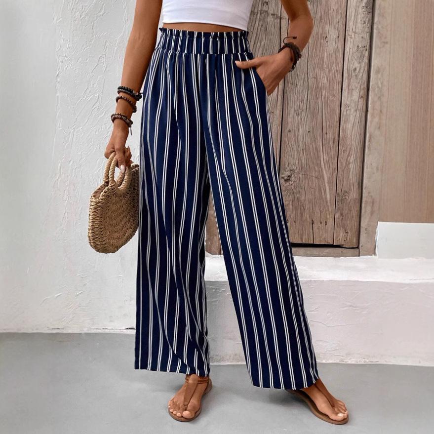 Dámské volné ležérní kalhoty se širokými nohavicemi s pruhy, letní nové kalhoty s vysokým pasem a rovnými nohavicemi