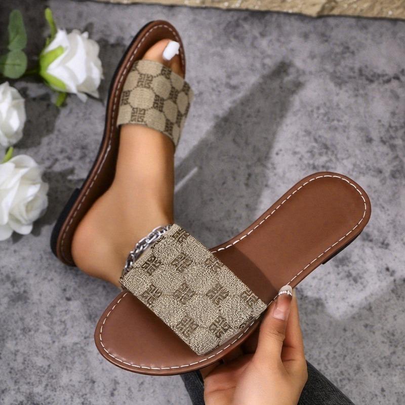 Sommer Neu Einfache und Vielseitige Damen Square Toe Flache Rutschfeste Strand-Pantoletten Monogramm Hausschuhe