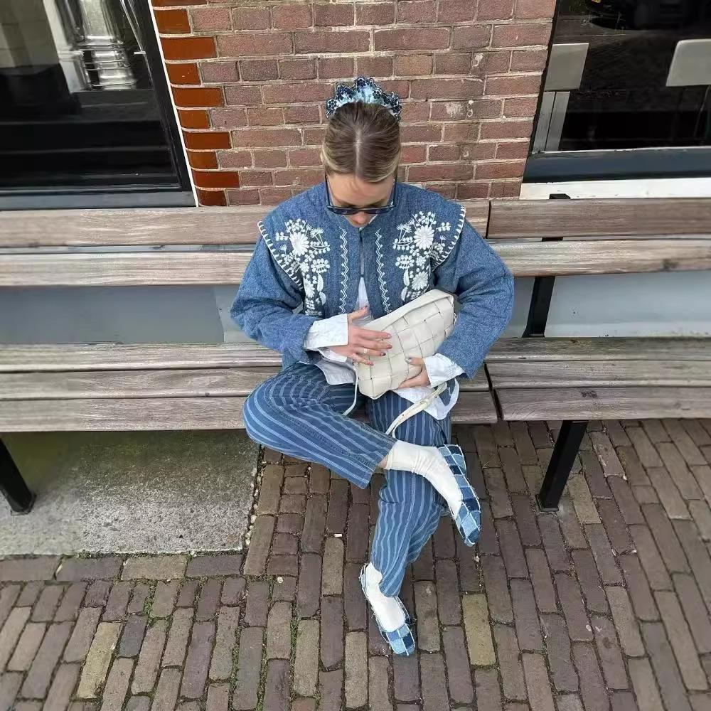 Retro Style Women's Denim Cotton Jacket: European-American Fashion Print, Open Front, Warm Coat