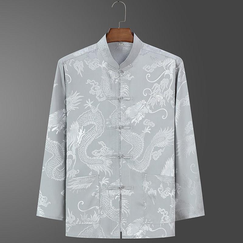 Spring Middle Aged Elderly Tang Set Men's Long Sleeved Satin Dragon Kung Fu Chinese Plus Size Shirt Training Clothing