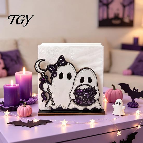 Decorative Wood Towel Rack Halloween Wooden Napkin Holder, Cute Ghost Black Cat Vertical Paper Organizer for Kitchen Stand, Table Tissue Festive Party