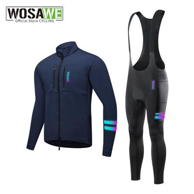 WOSAWE Winter Men's Fleece Warm Stretch Cycling Jacket Shockproof Foam Padded Mesh Breathable Road Cycling Bib Pants Cycling Suit