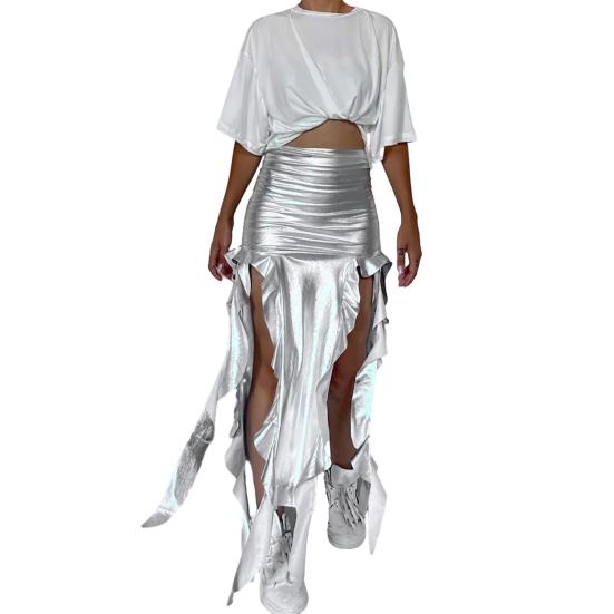 Sexy Women Maxi Skirt High Waist Ruffle Trim Tassel Long Skirt Asymmetric Slim Fit Irregular Skirt Fishtail Skirt