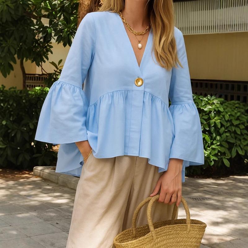 Damska bluzka peplum z dekoltem V i rozszerzanymi rękawami, zapinana na jeden guzik, codzienna