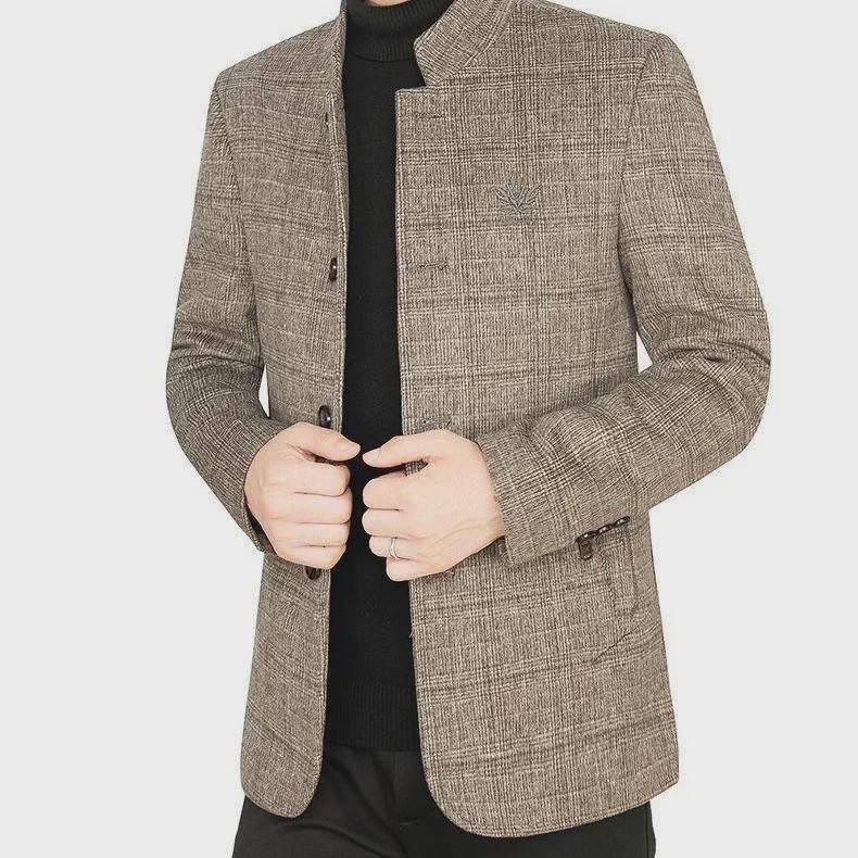 "Men's Woolen Stand Collar Jacket for Spring, Autumn, and Winter - Business Casual Middle-Aged Coat"