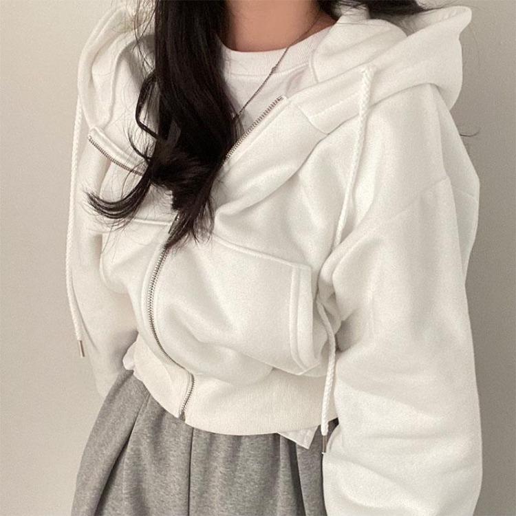 Vintage Korean Women's Oversized Zip Up Hoodie Jacket Long Sleeve Solid Color Harajuku Fashion Autumn Hooded Sweatshirt