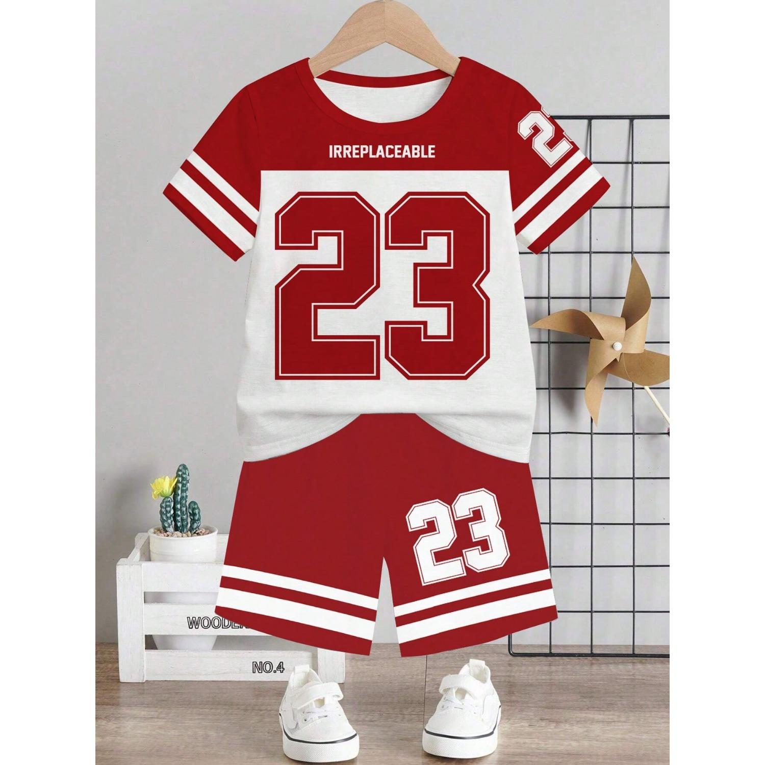 

Kids Number Print Sports Set Boys Red White T-Shirt + Shorts Trendy Casual Summer Wear 13-14 Years