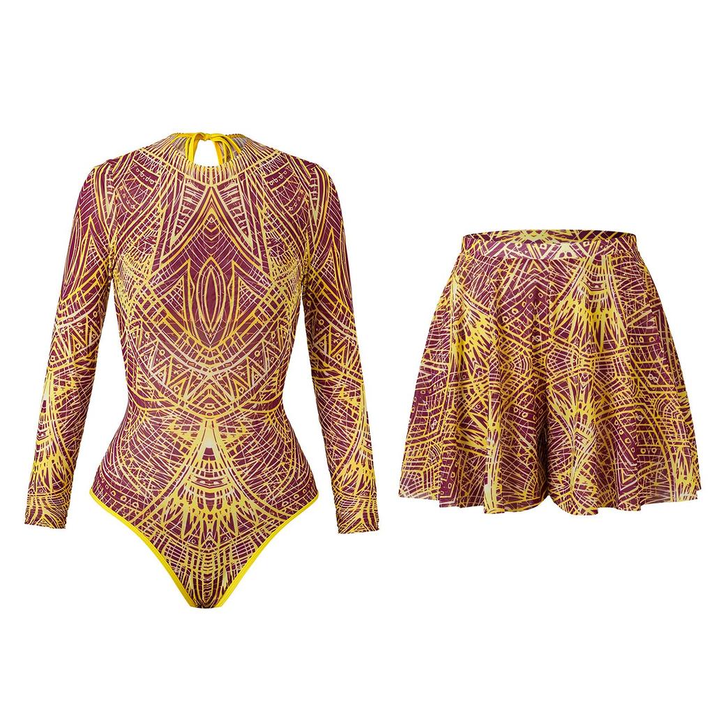 2025 Women's Smart Sun Protection Mesh Long Sleeve One-Piece Swimsuit with Russian Swim Trunks and Short Skirt