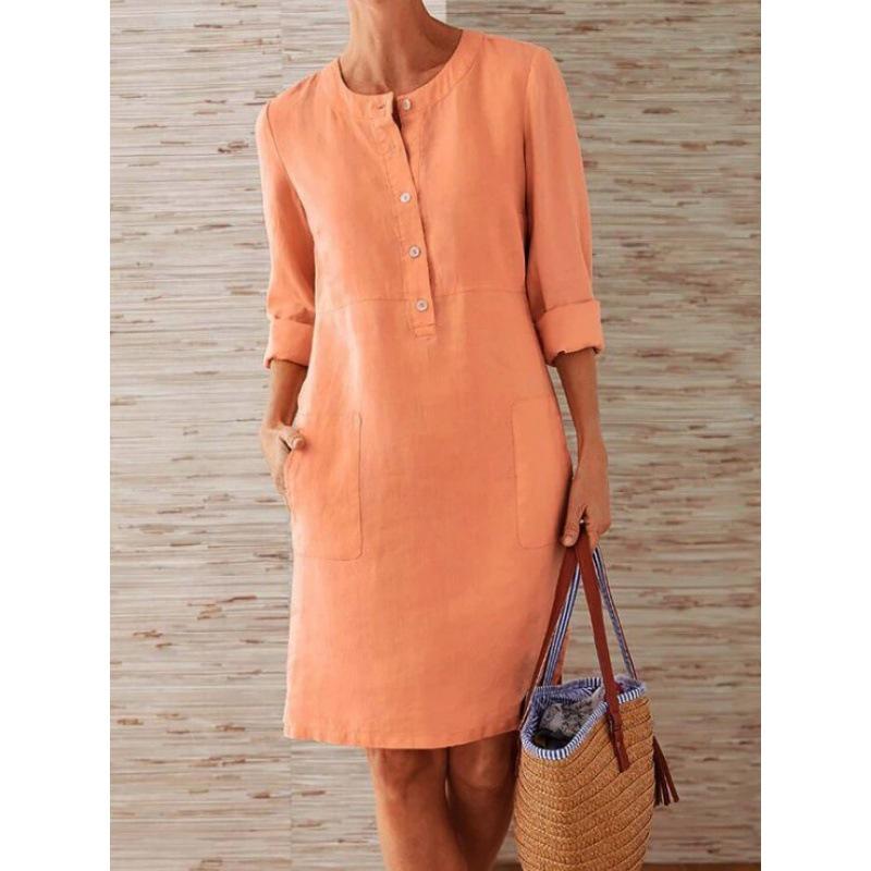 Plus Size Women's Cotton-Linen Long Sleeve Dress with Round Neck