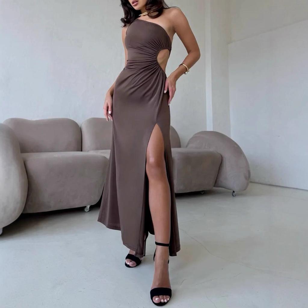 Slant shoulder waist sexy split temperament dress European and American slim-fitting sleeveless fashionable and elegant women's clothing