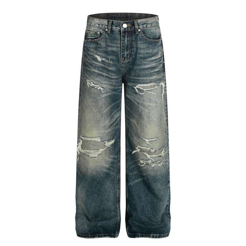 Мужские прямые джинсы JYL, трансграничные, сильно выстиранные, рваные, с заплатками, винтажные джинсовые брюки S бездна
