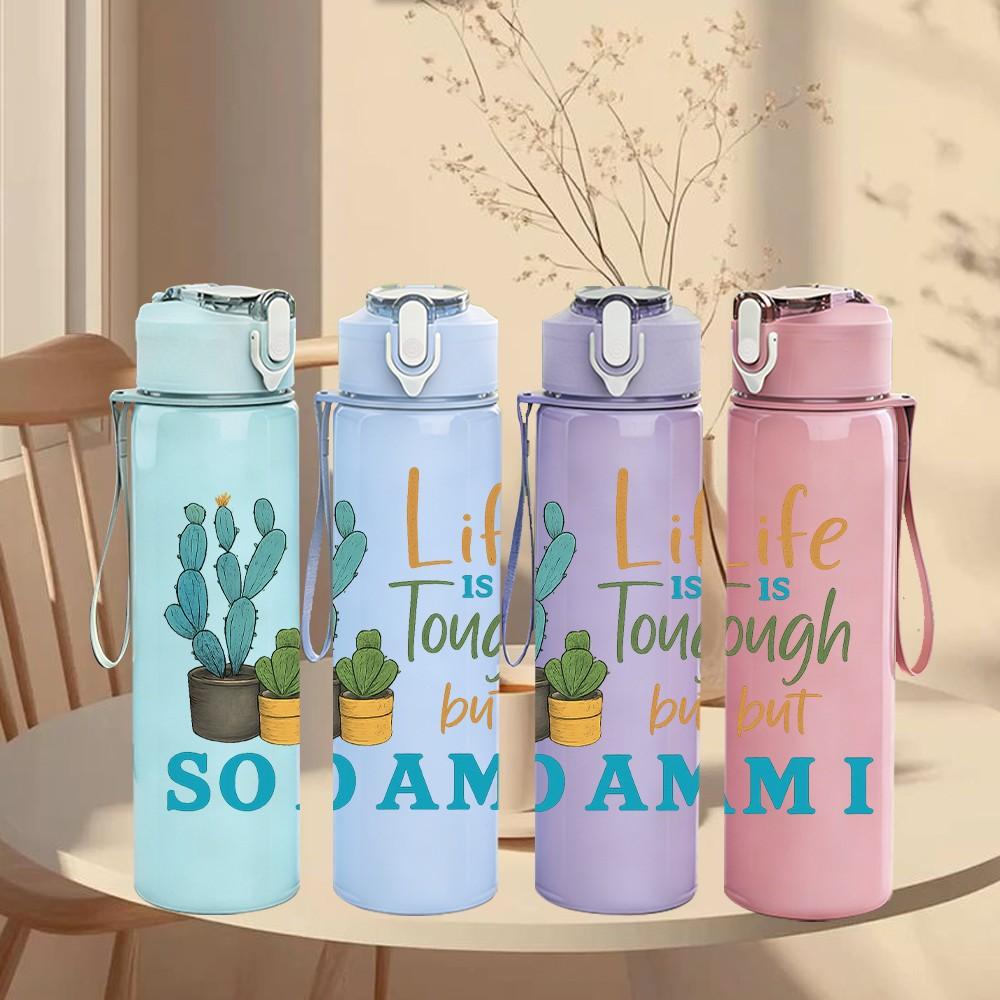 1PC Life Is Tough So Am I Cactus 750ml Color Plastic Sports Water Bottle Leakproof Flip Straw Lid Suitable for Sports Office Home Use