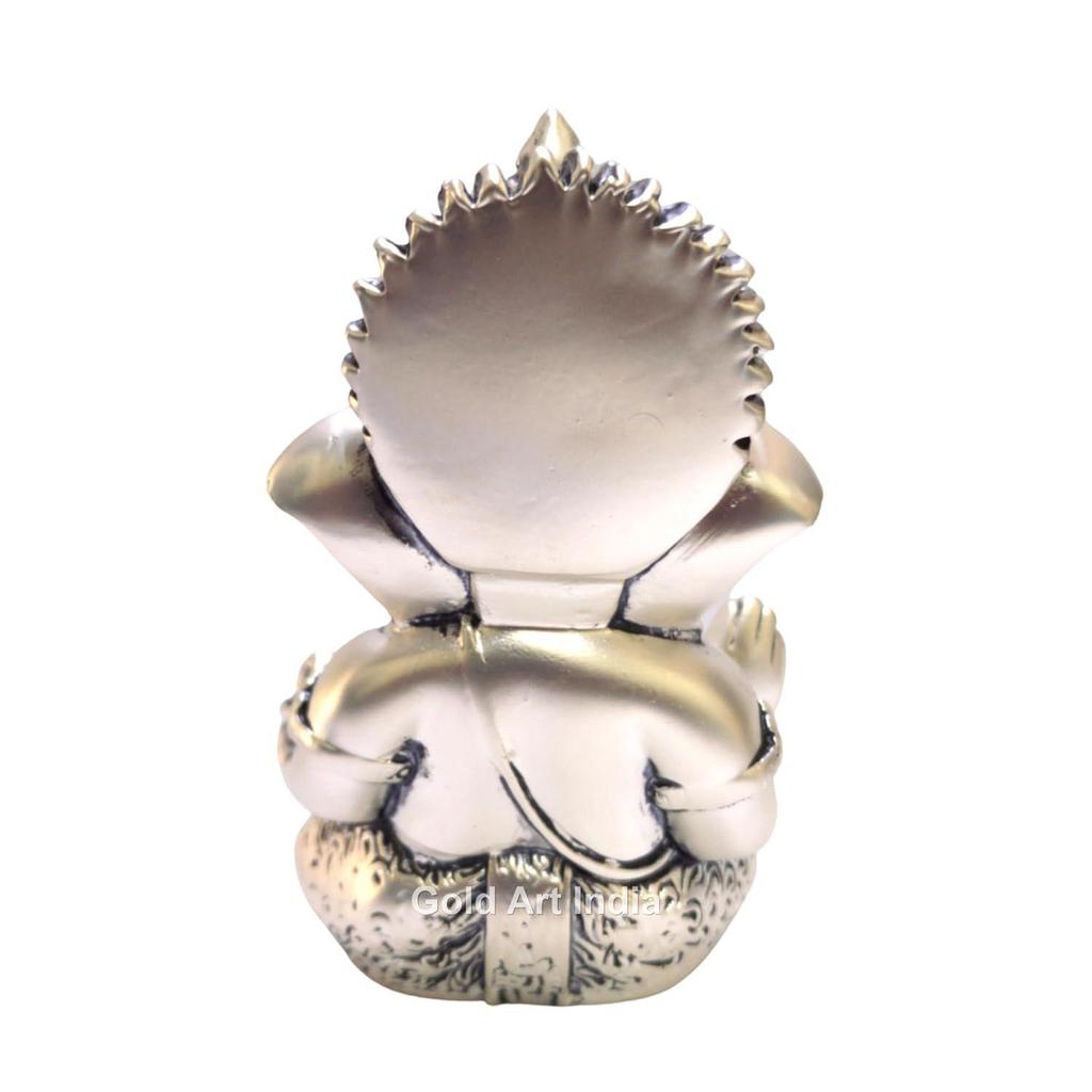 Matte Silver Plated Antique Mukut Ganesha - 3.5" - Perfect for Gifting, Home Decor, Car Dashboard Murti Ganpati Idol for Home Decor