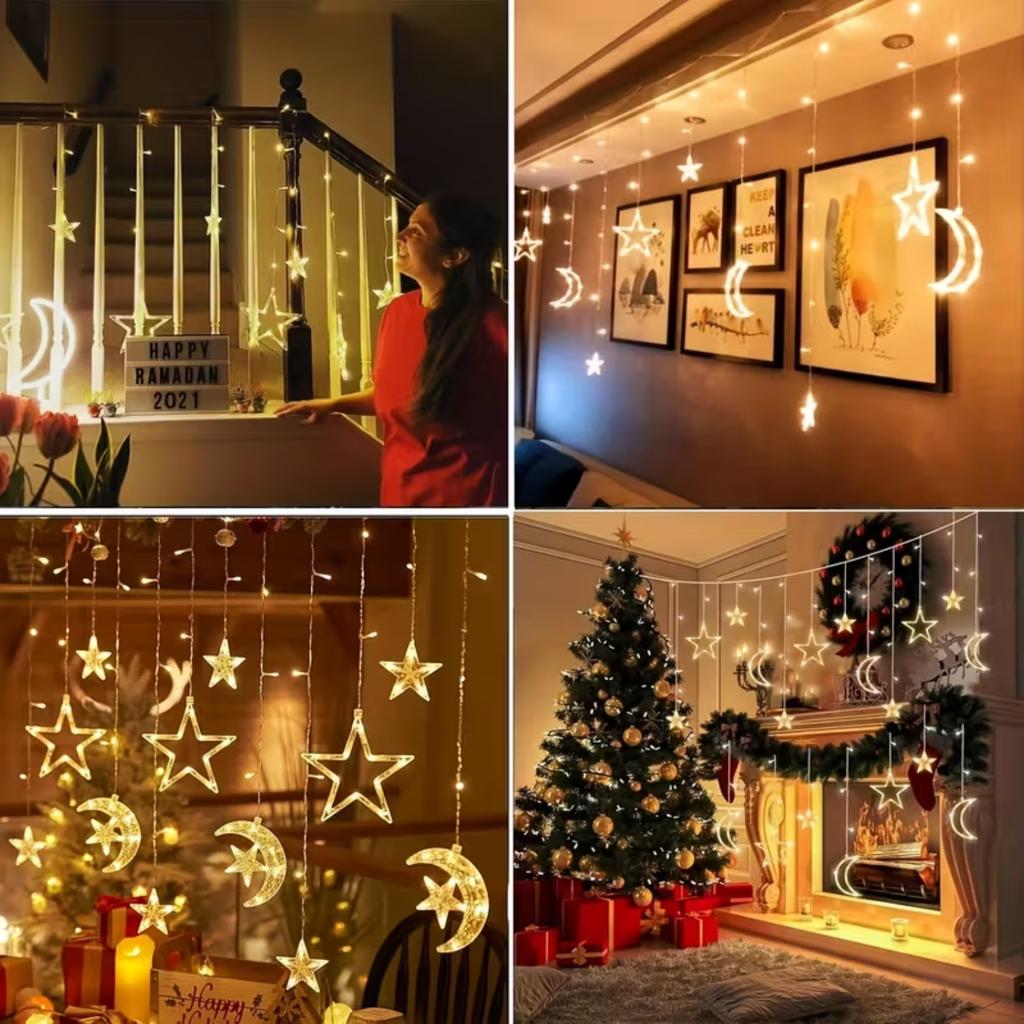 1PC Solar Star Moon String Lights 8 Modes Warm White Outdoor Hanging LED Curtain Light for Garden Tent Christmas Ramadan Decor