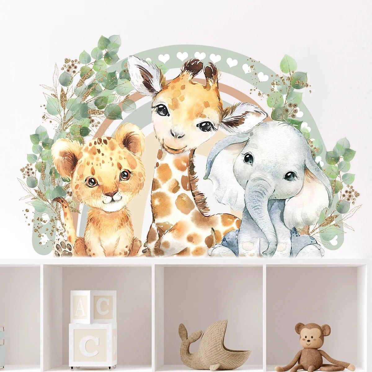 Cartoon Cute Smiling Face Lion Giraffe Elephant Leaf Rainbow Wall Sticker for Kids Room Bedroom Home Decoration Wall Decor