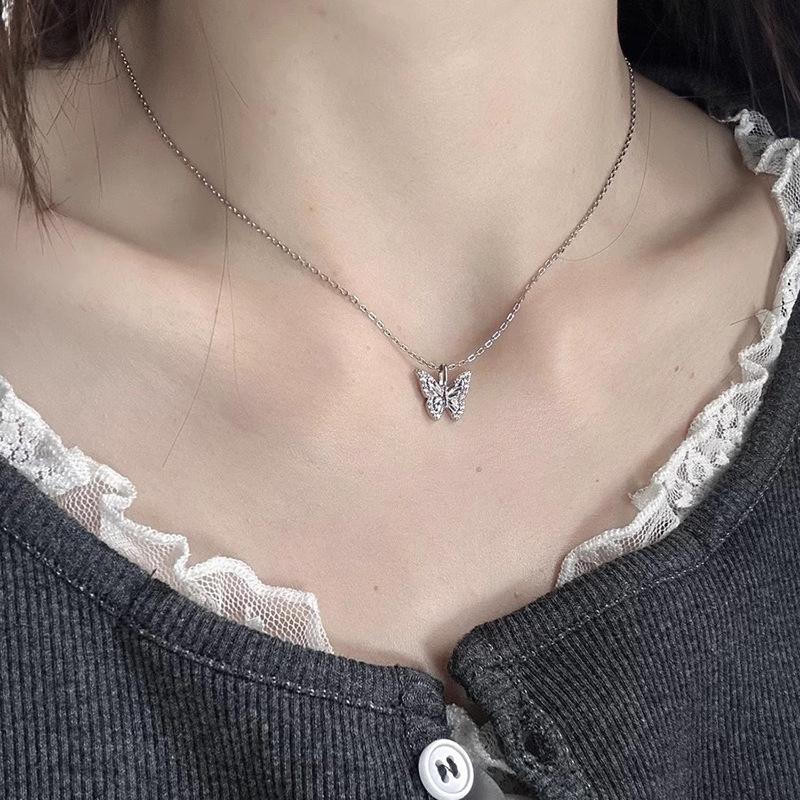Sterling Silver Zircon Crystal Butterfly Pendant Necklace for Women Choker Chain Wedding Party Jewelry Gift