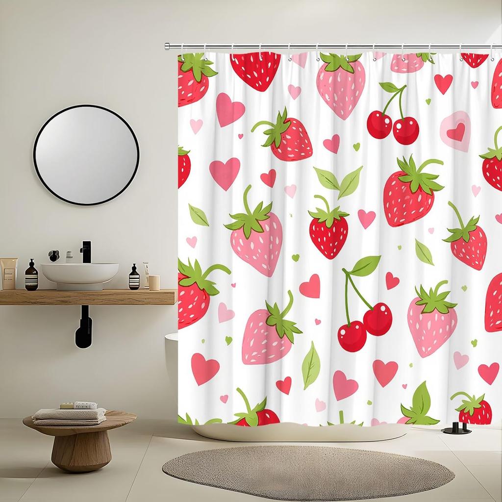 Strawberry Cherry Shower Curtain Tropical Summer Fruit Pink Cute Sweet Fruits Funky Green Leaves Aesthetic Modern Fashion Girl
