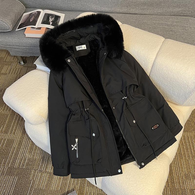 Parker Clothing Женское пальто средней длины Хлопковая одежда Плюс бархат Толстая зимняя куртка XXXL чёрный