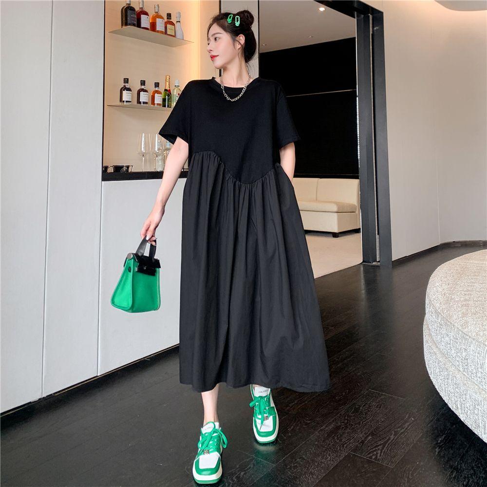Plus Size Summer Pleated Black Vintage Dresses For Women Oversized Short Sleeve Loose Casual Long Dress Korean Clothing