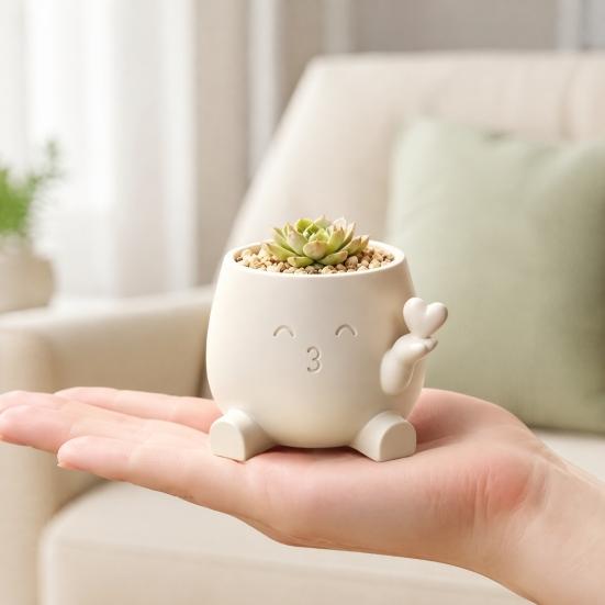 Small Indoor Plant Container Cute Succulents Planter, 3D Printed Pot with Hand Holding Heart, Desktop Flower Resin for Home Office Desk Decor