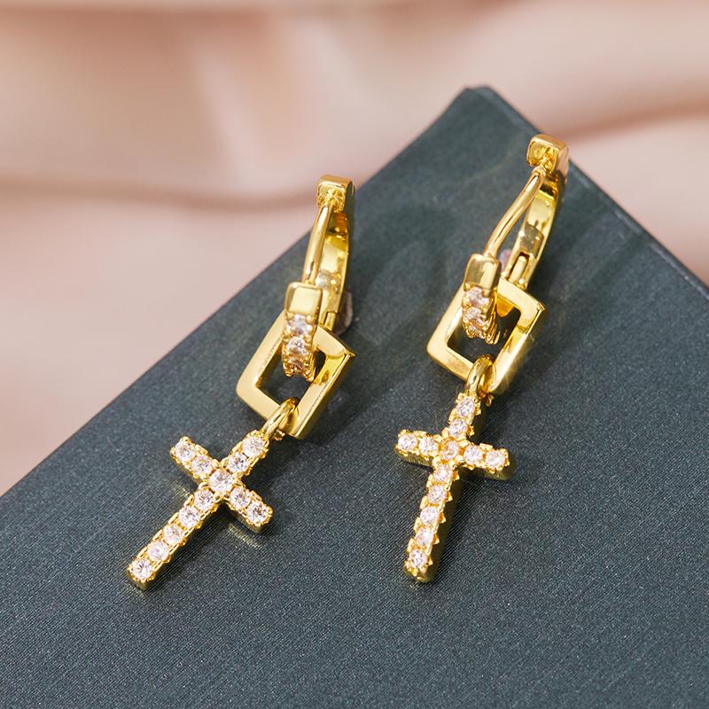 Luxury Hip-Hop Golden Cross Pendant Earrings With Sparkling Cubic Zirconia Earring