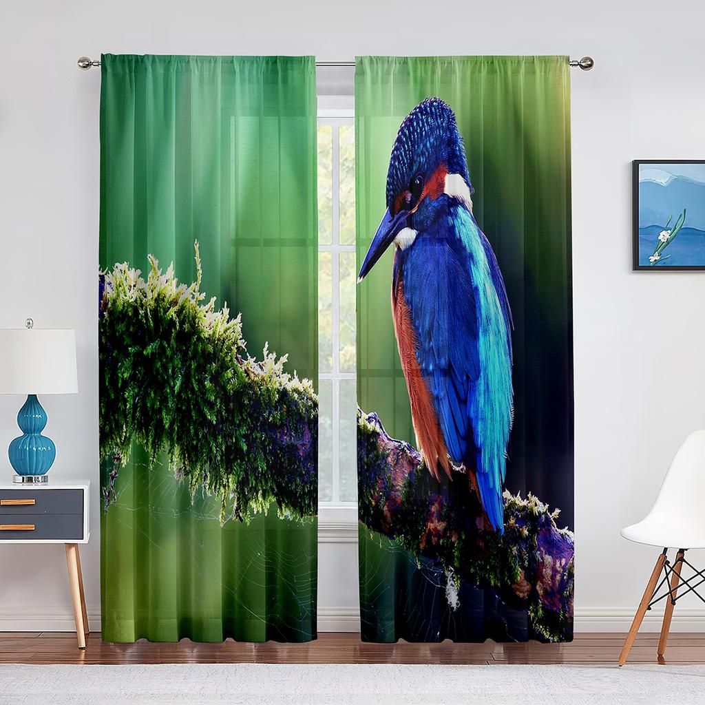 Cute Blue Bird On Tree Branch Tulle In Sheer Curtains for Living Room Bedroom Kitchen Window Treatment Chiffon Curtain Blinds