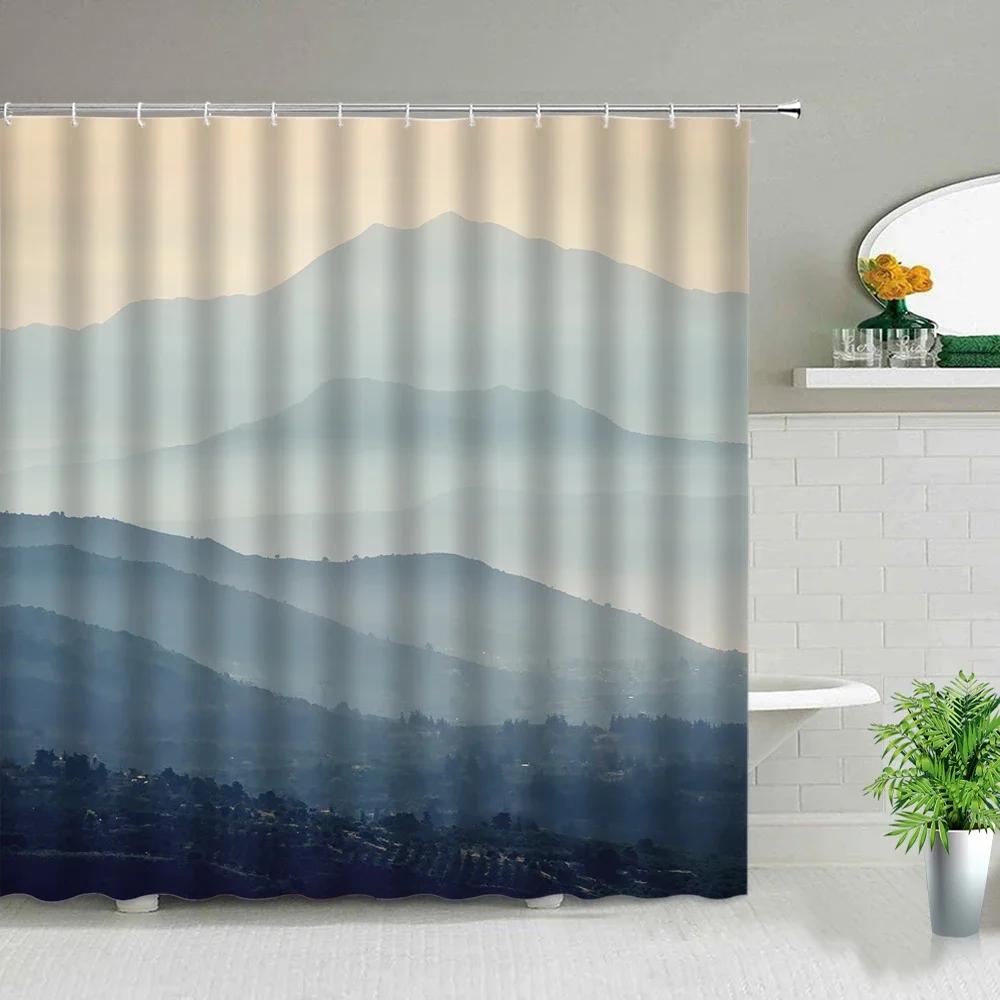 Mountain Shower Curtain,Teal Bathroom Shower Curtain, Cool Nature Watercolor Misty Forest Sun Sunset Landscape Shower Curtains