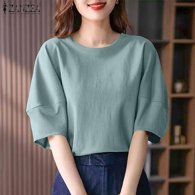 

ZANZEA Women Casual O-neck Puff Half Sleeve Loose Blouse 3XL синій