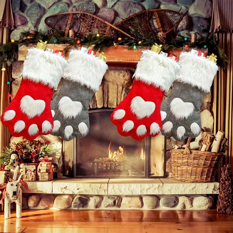 Christmas Tree Hanging Stockings Dog Paw Design Plush Long Hair Xmas Stocking Holiday Gift Bag Decoration Party Ornament