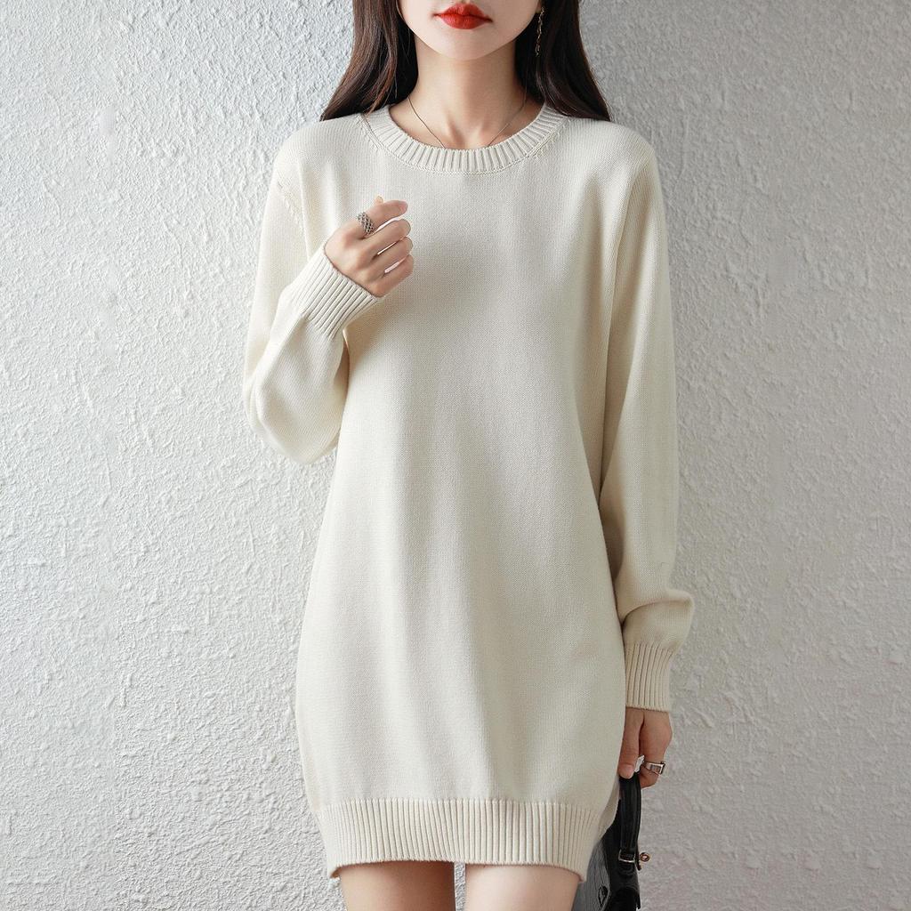 Women's Mid-Length Knitted Cotton Sweater Dress - Solid Color, Round Neck, Thick, Hip-Wrapping, Loose Fit