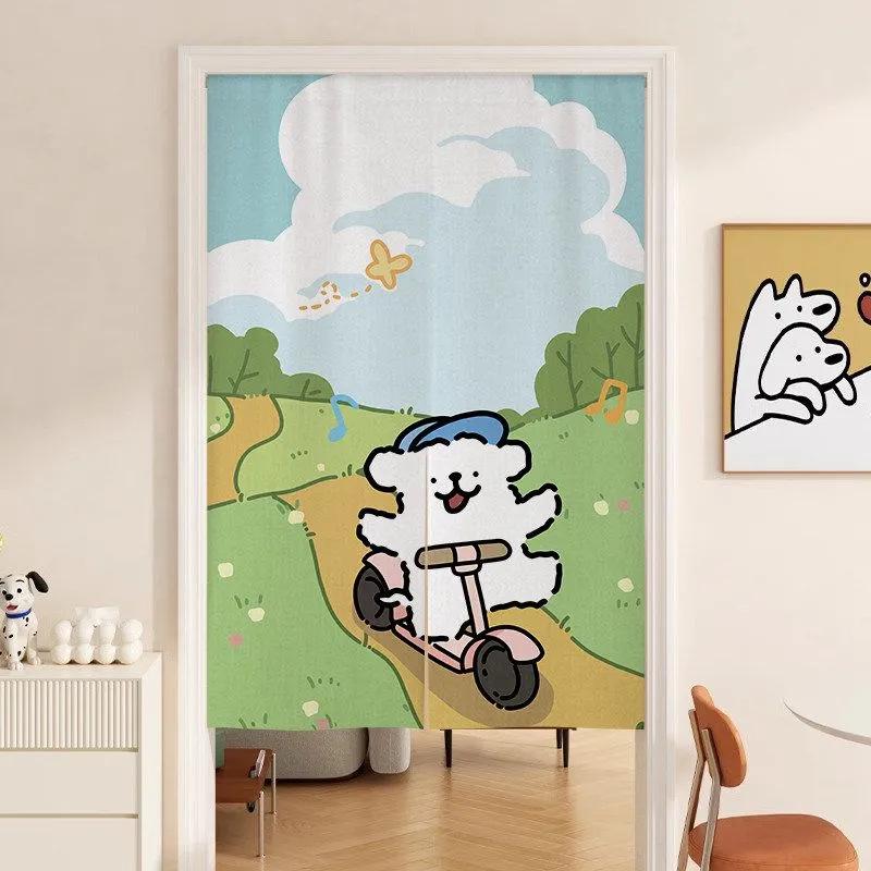 Cartoon Puppy Line Art Door Curtain: Privacy with Light-Permeable, No-Drill Hanging Design