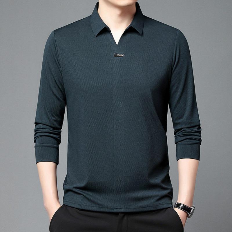 Men Loose Fit Long Sleeve Turn Down Collar Casual Solid Polo Shirt