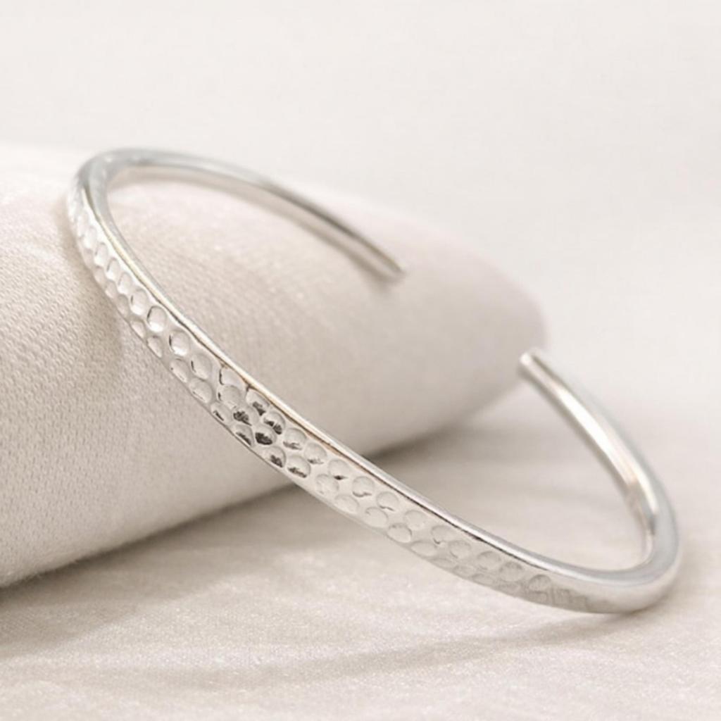 Hammered 925 Sterling Silver Cuff – Minimalist Open Bangle – Handmade Textured Bracelet