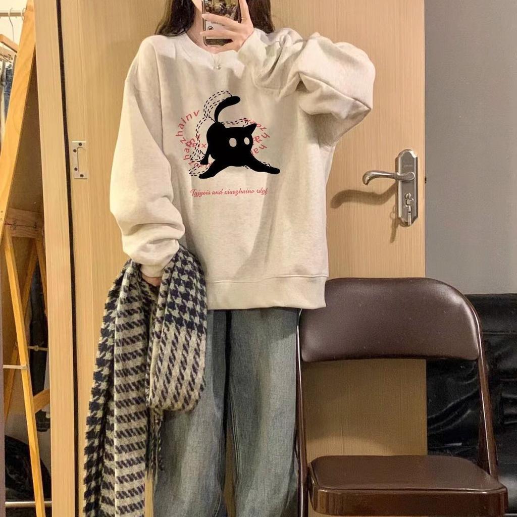 Słodka Dziewczyna Okrągły Dekolt Casualowy Sweter z Podszewką Jesień i Zima Luźny Długi Rękaw Cienka Sekcja Topy Ubranie Zewnętrzne dla Ucznia Retro Wszechstronna Bluza