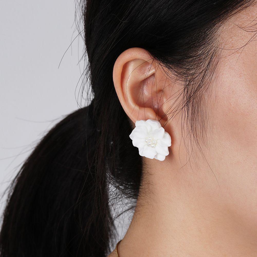Fashion Women Girl Inlay Beads Simulated Pearl Stud Earrings Big White Flower Camellia