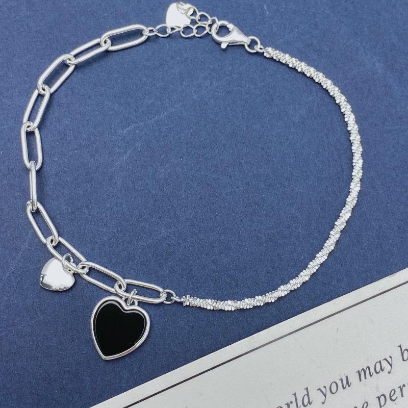Sterling Silver Double Heart Bracelet with Black Agate, Women s Sweet and Cool Style - High-End Design Jewelry. 925 Sterling Silver