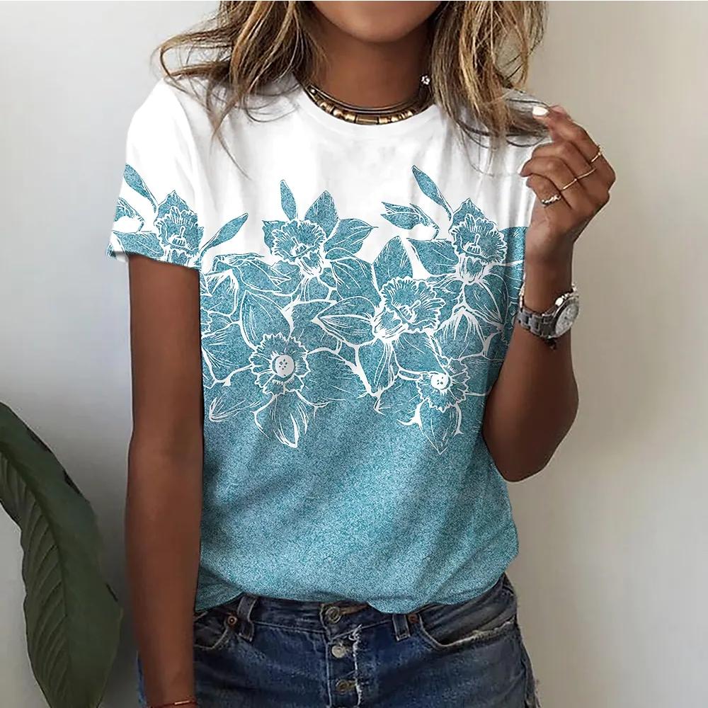 

Новая женская футболка с круглым вырезом с цветочным узором и 3D-печатью, модный женский топ, повседневная футболка с короткими рукавами, повседневная уличная женская рубашка M