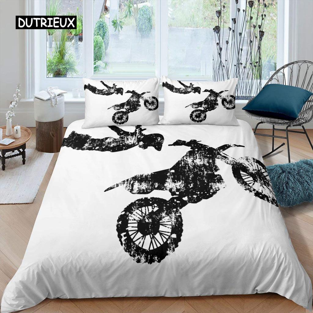 3D Motocross Rider Duvet Cover Set Microfiber Red Black Dirt Bike Extreme Sports Theme Motorcycle Pattern Bedding Set King Size
