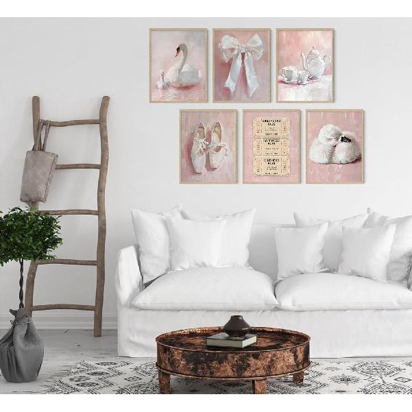6Pcs Pink Vintage Swan Nursery Wall Art Ballerina Shoes and Bow Painting Picture Wall Decor Retro Tickets and Coffee Cups Preppy Posters Prints