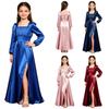 Kids Girls Puff Sleeve Square Neck Satin Party Gown Pleated Bodice Split Hem Back Invisible Zipper for Wedding Performance Banquet