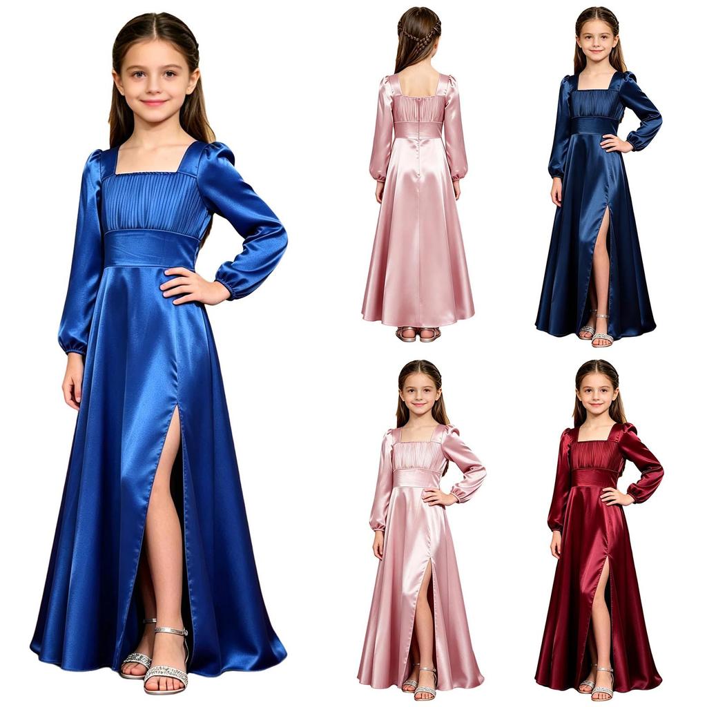 Kids Girls Puff Sleeve Square Neck Satin Party Gown Pleated Bodice Split Hem Back Invisible Zipper for Wedding Performance Banquet