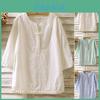Elegant Women Vintage Cotton Linen Blouse With Flax Loose 3/4 Sleeve Tunic