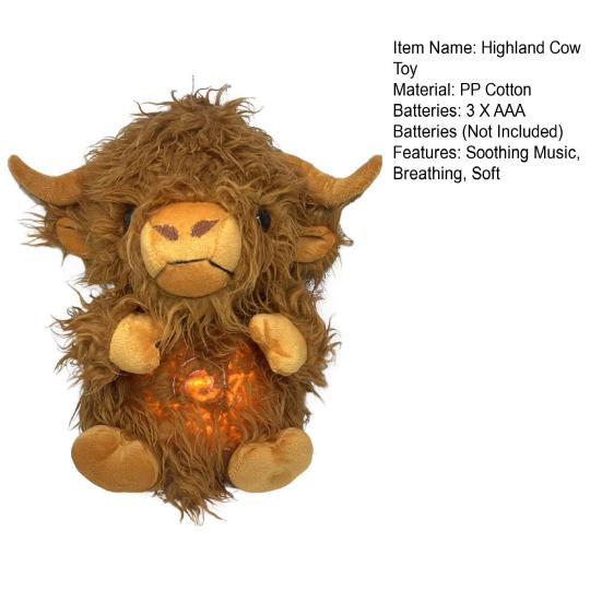 Baby Breathing Highland Cow Plush Toy with Soothing Music Light Musical Cattle Plushie Stuffed Animal Calming Doll Soother Newborn Infant