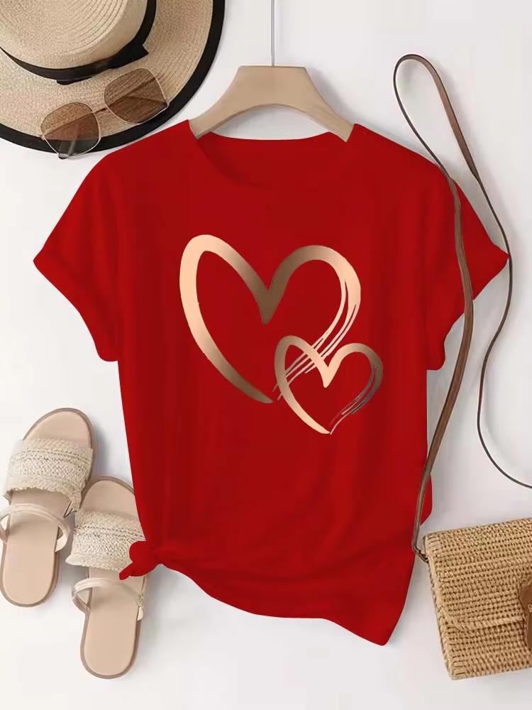 Summer New Womens Heart Printed Tshirt Trendy Casual Round Neck Top Short Sleeves Fashion Harajuku Kawaii Tshirt Y2k Clothing