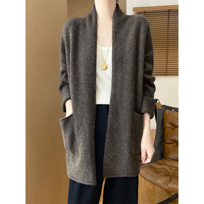 Women's Wool Knit Cardigan - Autumn/Winter 2024, Loose Mid-Length Long Sleeve Sweater/Jacket