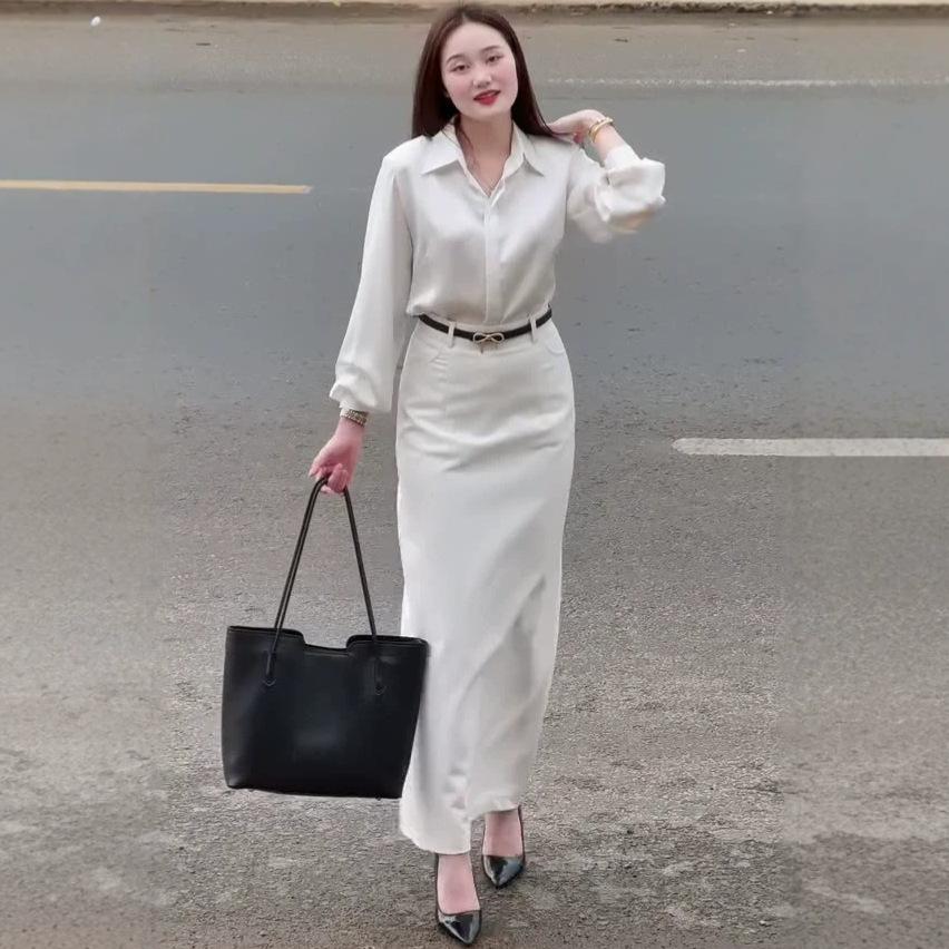 Spring and Autumn New European and American Women's Clothing Cross-border Shirt Long Sleeve Cardigan Top Belt Skirt Two-piece Set